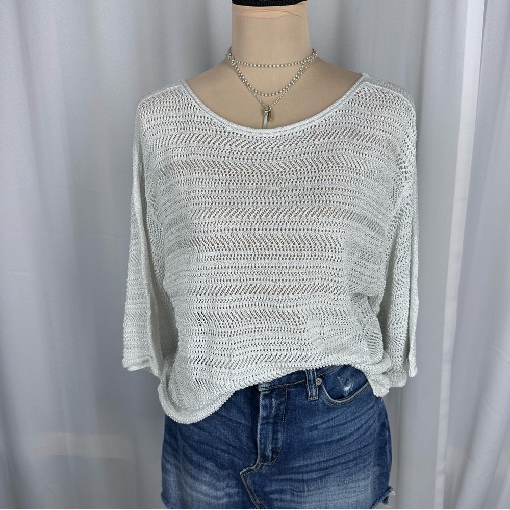 Chicos Metallic Knit Sweater Top Sz 1 (M) Open Knit Wide Sleeve Casual‎ Capsule - Picture 2 of 12